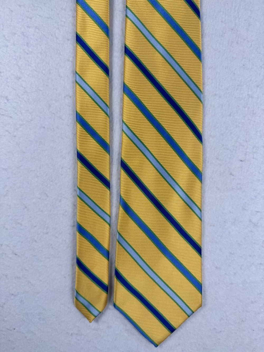 Brooks Brothers 100% Silk Necktie Yellow Blue White Stripe Stain‑Resistant